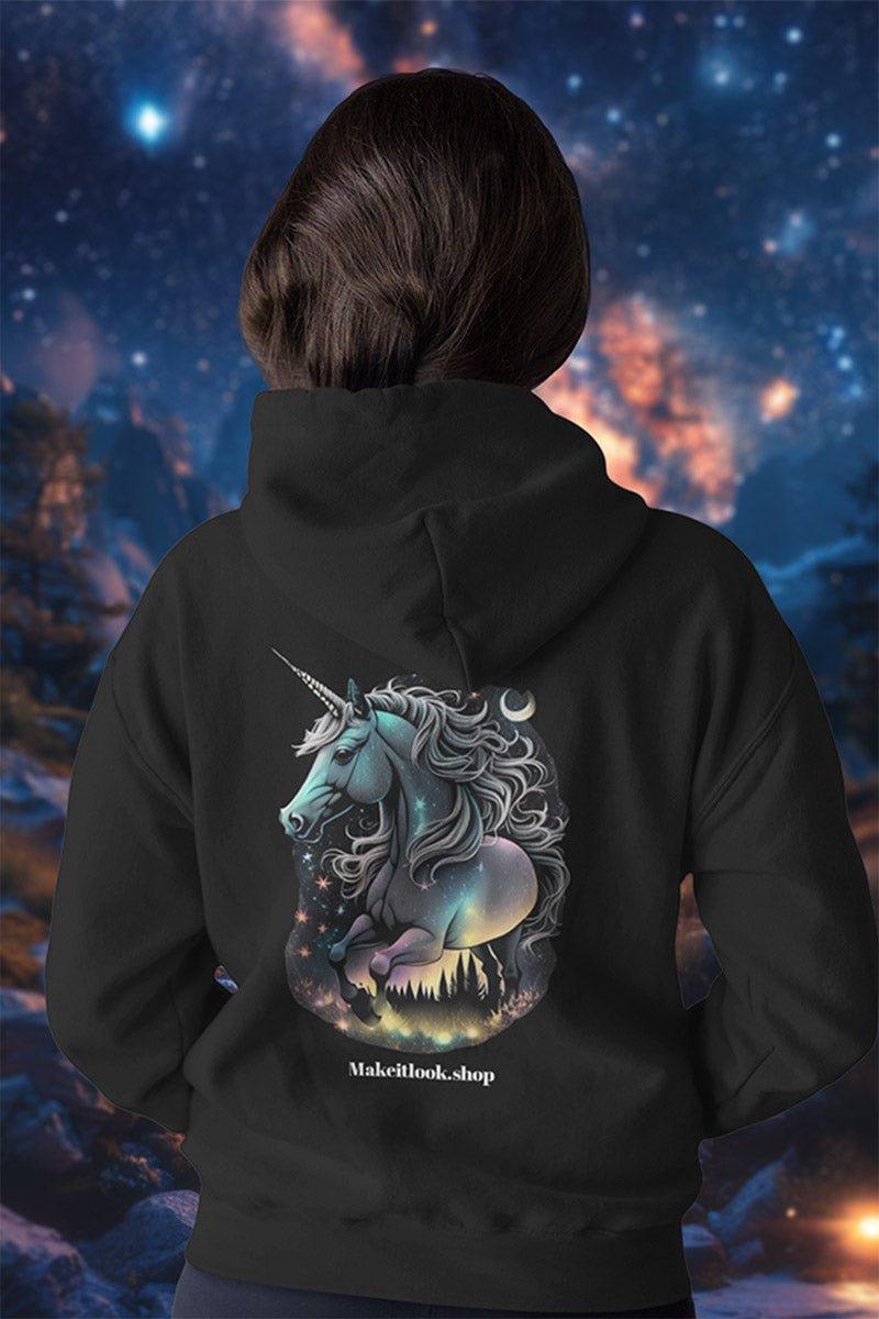 Hoodie „Gleaming Unicorn“: ein Einhorn mit leuchtender Mähne und Sternen, Ansicht 2