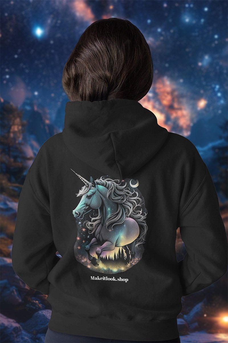 Gleaming Unicorn - Hoodie - FANTASY STYLE - Gleaming Unicorn Black Hoodie Printify Ausgefallen beautiful Bio Bio - Baumwolle Clothing Cotton Crew neck dreamworld DTG Einhorn Ethical Fashion Fantasie Fashion Gemütlich Guardian Hills himmel Hoodies Kapuzenpullover Klassische Passform land landscape landschaft luna Make it look Men's Clothing Midnight mond Moon Nachhaltige Mode Power Regular fit schwarz sky star Streetwear Tiere Traumwelt Umweltfreundlich Unicorn Unisex Wild Wild Nature Women's Clo