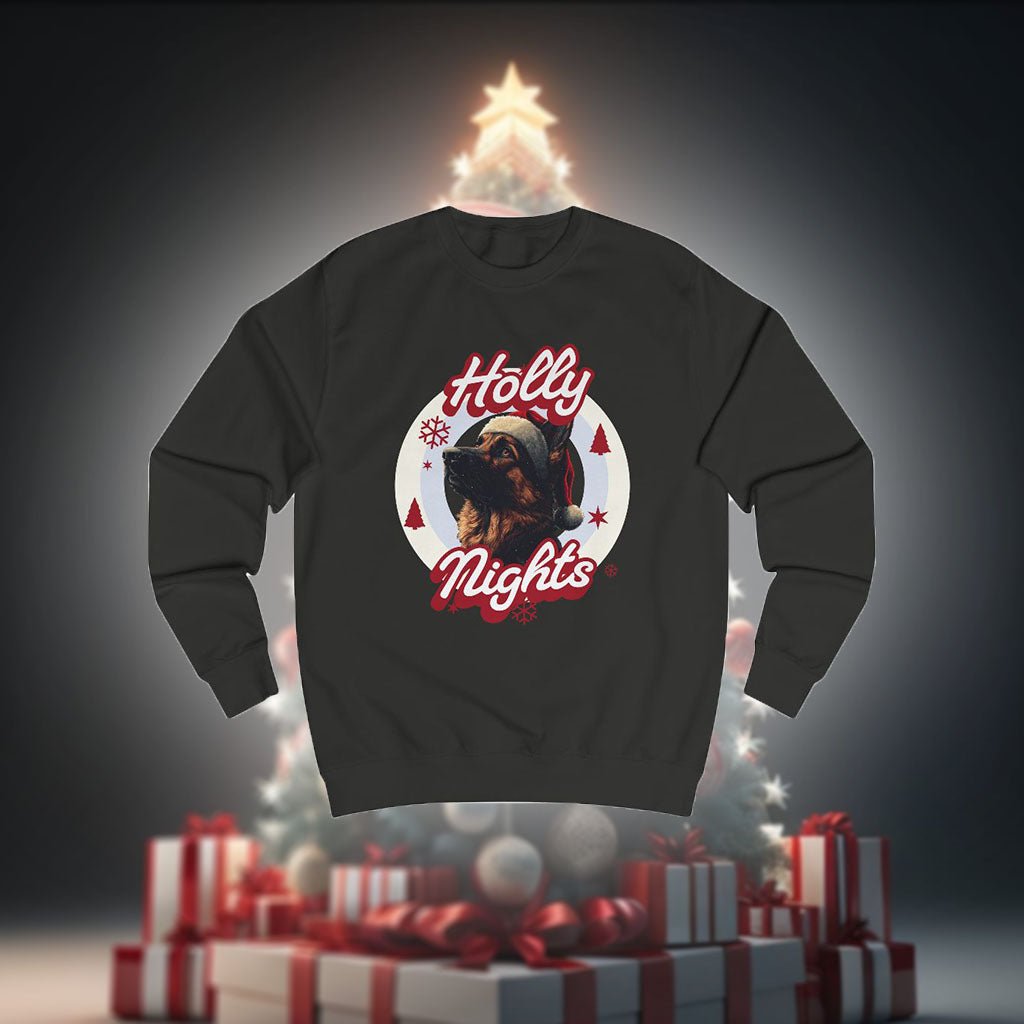 Hunde Weihnachtspullover „Holly Nights“: Schäferhund mit Weihnachtsmütze im Kreis, Sweatshirt vor Christbaum