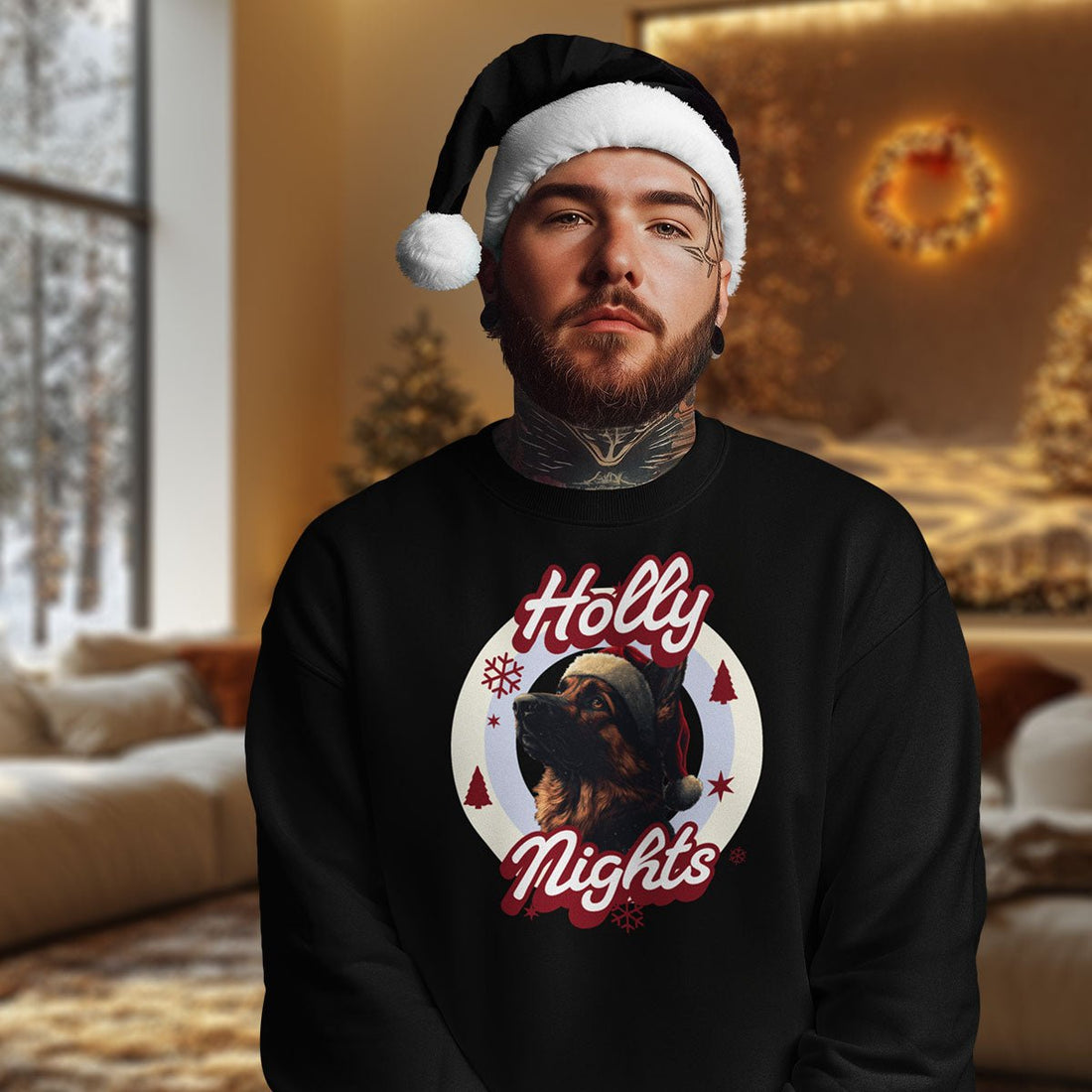 Mann mit Bart und Weihnachtsmütze trägt das schwarze Schäferhund-Sweatshirt „Holly Nights“