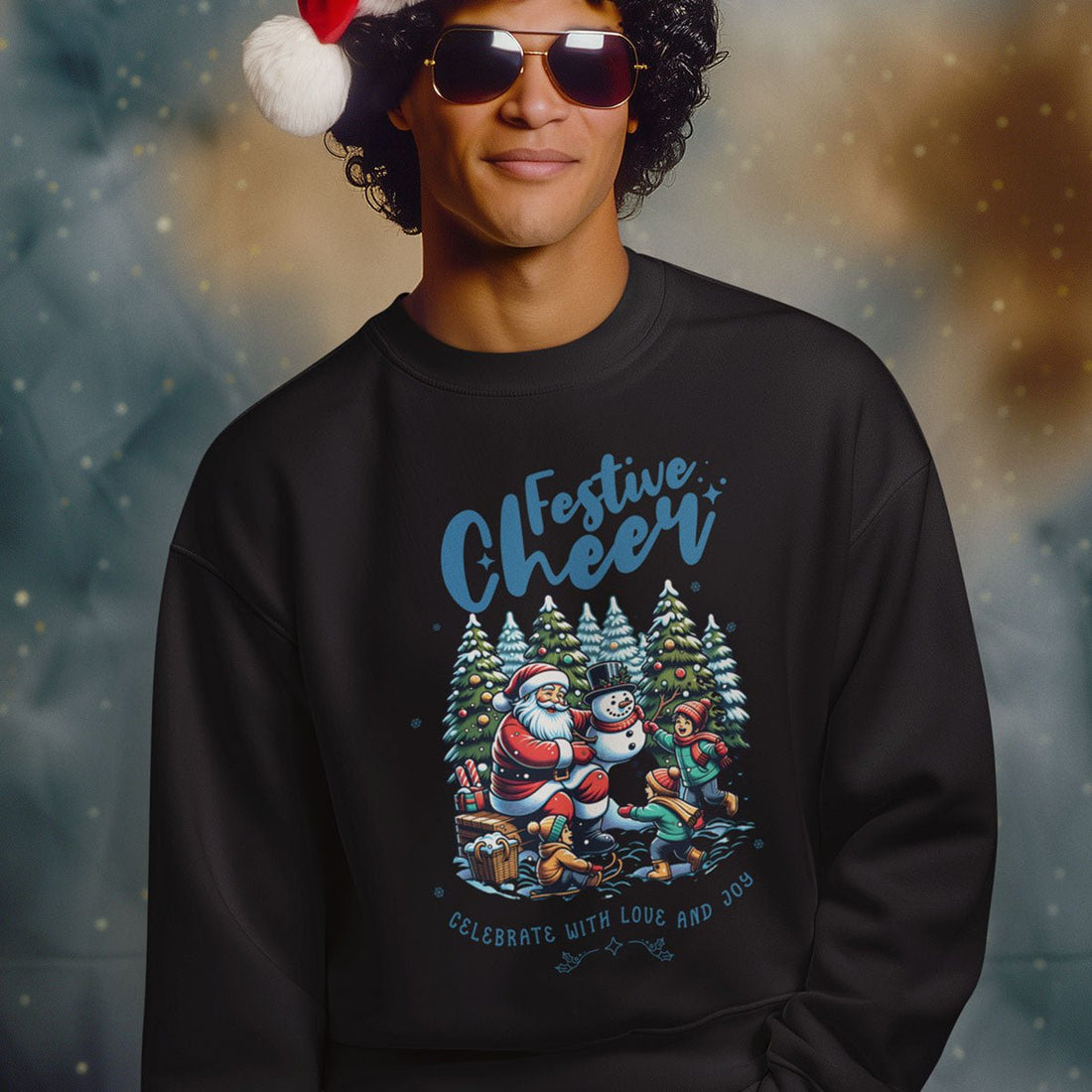 Mann mit Sonnenbrille und Weihnachtsmütze im schwarzen Sweatshirt „Liebe und Freude“ mit Winterszene