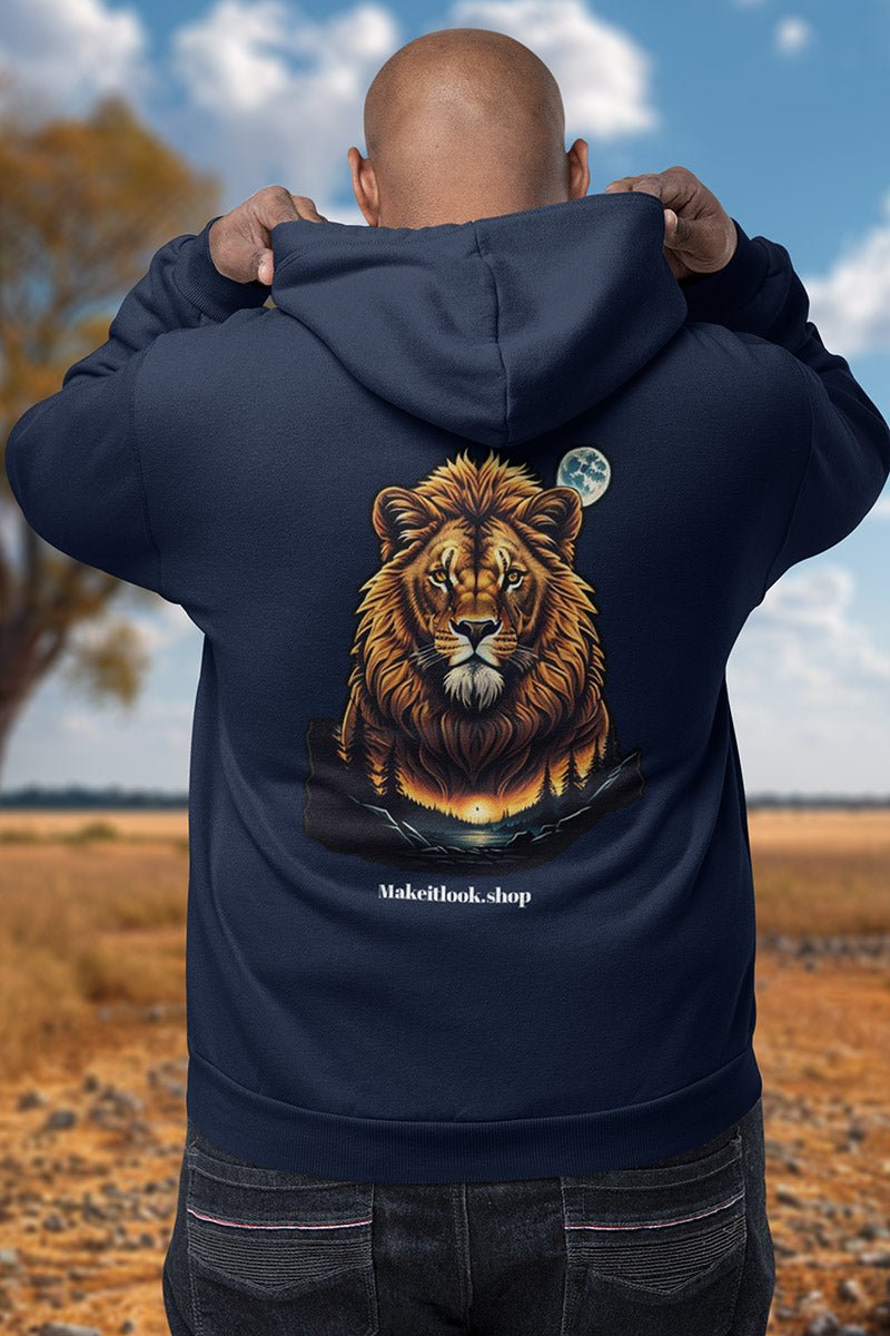 Lion Hills - Hoodie - AFRIKAN SYTLE - Lion Hills Hoodie Printify Ausgefallen beautiful Berge Bio Bio - Baumwolle black blau blue Clothing Cotton Crew neck dreamworld DTG Fashion forest Gemütlich Hills himmel Hoodies Kapuzenpullover King of Lions Klassische Passform land landscape landschaft Lion Lion Hills Lion King Lions Look Löwe Make it look Men's Clothing Nachhaltige Mode Regular fit schwarz sky Sonne Sonnenschein Streetwear sun Sunshine Tiere Traumwelt Umweltfreundlich Unisex Wald Wild Wild