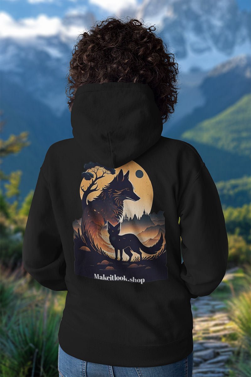 Schwarzer Unisex-Hoodie „Lunar Duo Eclipse Foxes“ mit zwei Füchsen vor orangefarbenem Mond, Bild 3