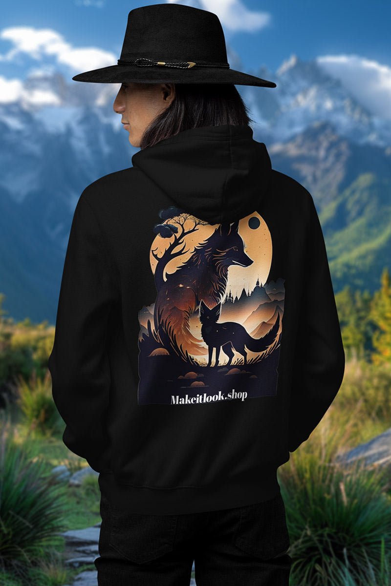 Schwarzer Unisex-Hoodie „Lunar Duo Eclipse Foxes“ mit zwei Füchsen vor orangefarbenem Mond, Bild 2