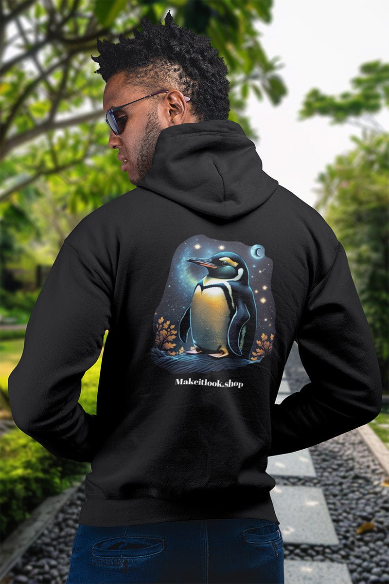 Hoodie „Lunar Lap“: ein Pinguin vor leuchtendem Sternenhimmel und Mond, Ansicht 2