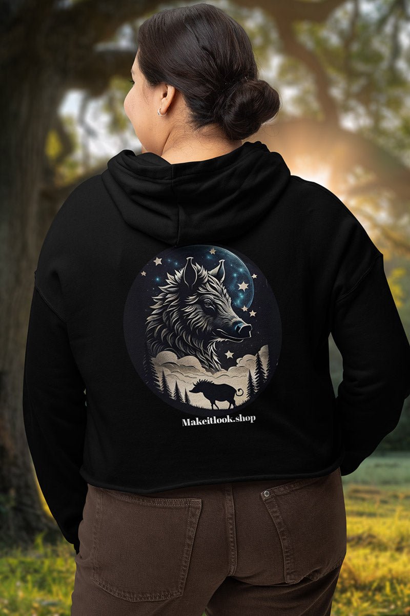 Hoodie „Lunar Swine Trekker“: ein Wildschwein unter einem leuchtenden Vollmond, Ansicht 2