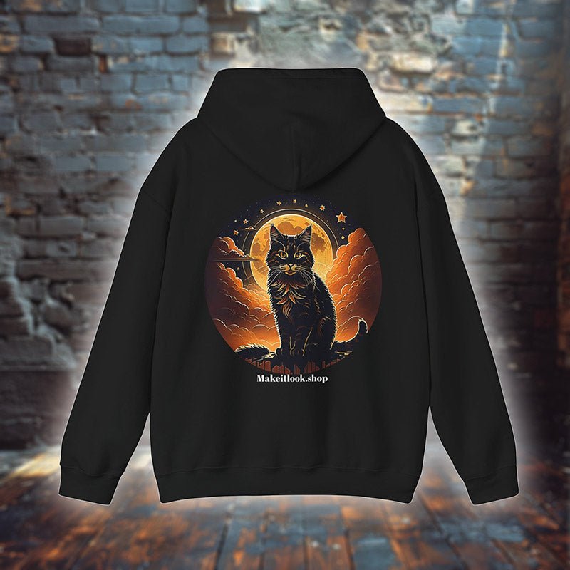 Midnight Moon Cat - Hoodie - MODERN STYLE - Midnight Moon Cat Black Hoodie Printify Ausgefallen beautiful Bio Bio - Baumwolle black blau blossom blue Cat Clothing cloud Cotton Crew neck DTG Fantasie Fashion Gemütlich himmel Hoodies Kapuzenpullover Katze Katze sitzt King of Lions Klassische Passform landscape Look luna Löwe Make it look Men's Clothing Midnight mond Moon Nachhaltige Mode Regular fit Sit Cat sky star Sterne Streetwear sun süss Tiere Umweltfreundlich Unisex Wald Wild Wild Lion Wild 