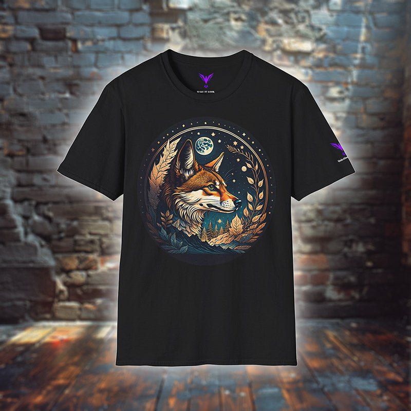 Fuchs T-Shirt „Moon Fox in Autumn“ in Schwarz, Vorderansicht mit Fuchskopf, Vollmond und goldenen Blättern