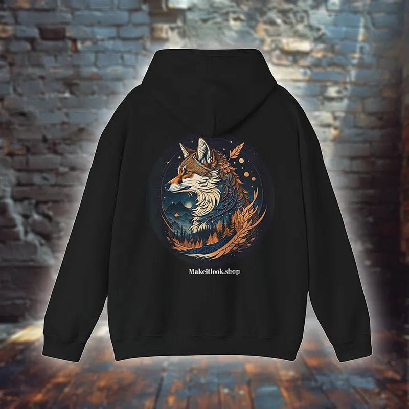 Schwarzer Unisex-Hoodie „Mountain Fox Starry Woods“ mit einem Fuchs vor Sternenhimmel und Schneebergen, Bild 1