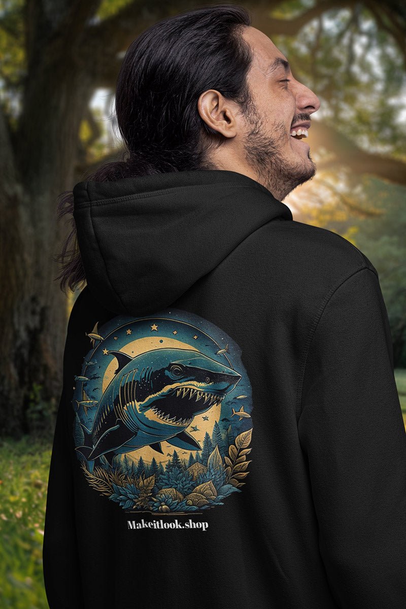 Schwarzer Unisex-Hoodie „Mystic Moon Glider“ mit einem Hai unter Vollmond, Bild 2