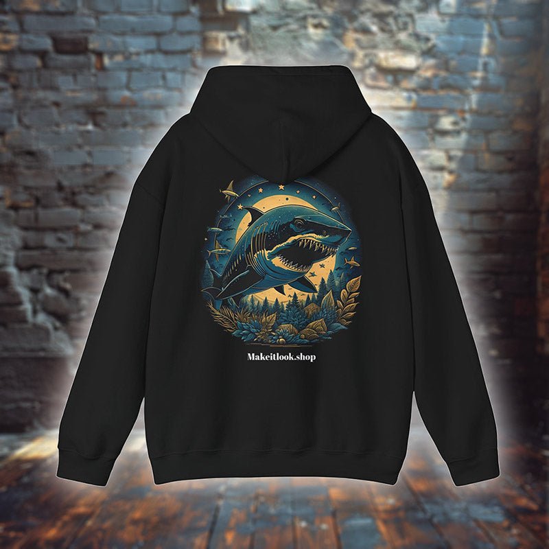 Schwarzer Unisex-Hoodie „Mystic Moon Glider“ mit einem Hai unter Vollmond, Bild 1