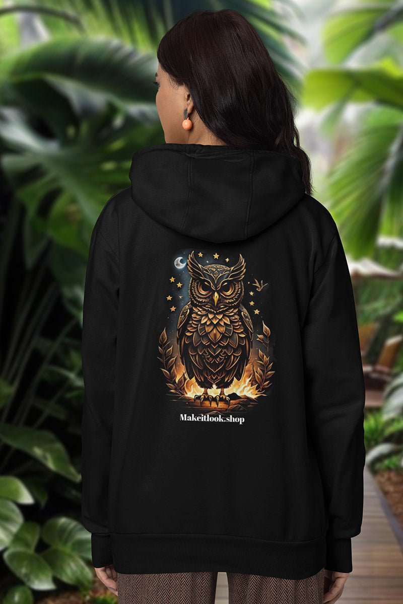 Schwarzer Unisex-Hoodie „Owl on Fire“ mit einer Eule in Flammen vor Sternenhimmel, Bild 2