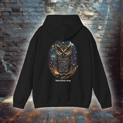 Owl Power - Hoodie - JUNGLE STYLE - Owl Power Black Hoodie Printify Ausgefallen beschützer Bio Bio - Baumwolle Clothing Cotton Crew neck dreamworld DTG Ethical Fashion Fashion forest Gemütlich Guardian Hoodies Kapuzenpullover Klassische Passform land landscape landschaft Make it look Men's Clothing Nachhaltige Mode Power Regular fit star Sterne Streetwear Tiere Traumwelt Umweltfreundlich Unisex Wald Welt Women's Clothing world