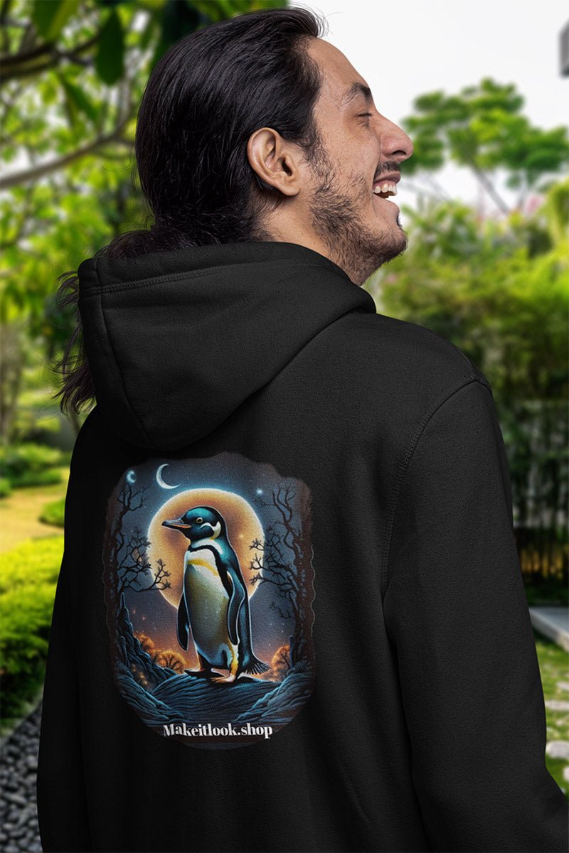 Penguin Moonrise - Hoodie - MODERN STYLE - Penguin Moonrise Hoodie Printify Ausgefallen beautiful beschützer Bio Bio - Baumwolle black blossom Clothing Cotton Crew neck dreamworld DTG Ethical Fashion Fantasie Fashion Gemütlich Guardian himmel hoodie Hoodies Kapuzenpullover Klassische Passform land landscape landschaft Look luna Make it look Men's Clothing mond Moon mystic Nachhaltige Mode Pinguin Regular fit schwarz star Sterne Streetwear Tiere Traumwelt Umweltfreundlich Unisex Welt Wild Wild Na