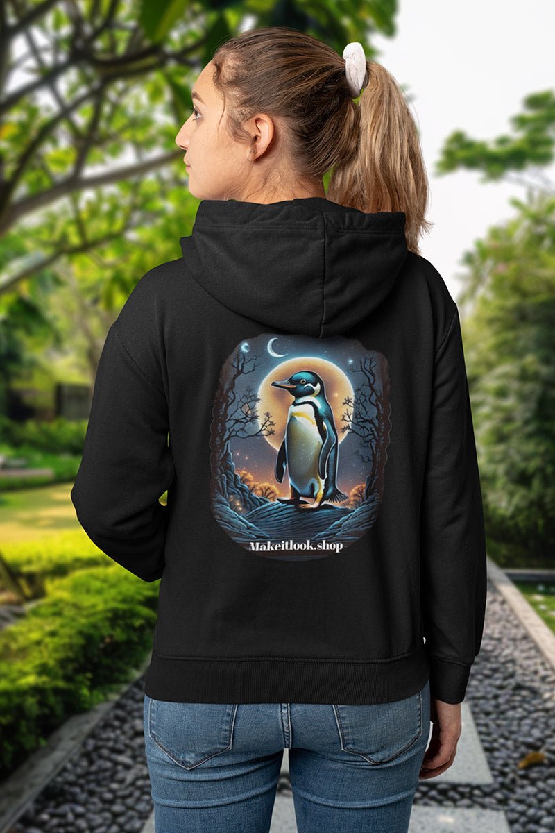 Penguin Moonrise - Hoodie - MODERN STYLE - Penguin Moonrise Black Hoodie Printify Ausgefallen beautiful beschützer Bio Bio - Baumwolle black blossom Clothing Cotton Crew neck dreamworld DTG Ethical Fashion Fantasie Fashion Gemütlich Guardian himmel hoodie Hoodies Kapuzenpullover Klassische Passform land landscape landschaft Look luna Make it look Men's Clothing mond Moon mystic Nachhaltige Mode Pinguin Regular fit schwarz star Sterne Streetwear Tiere Traumwelt Umweltfreundlich Unisex Welt Wild W