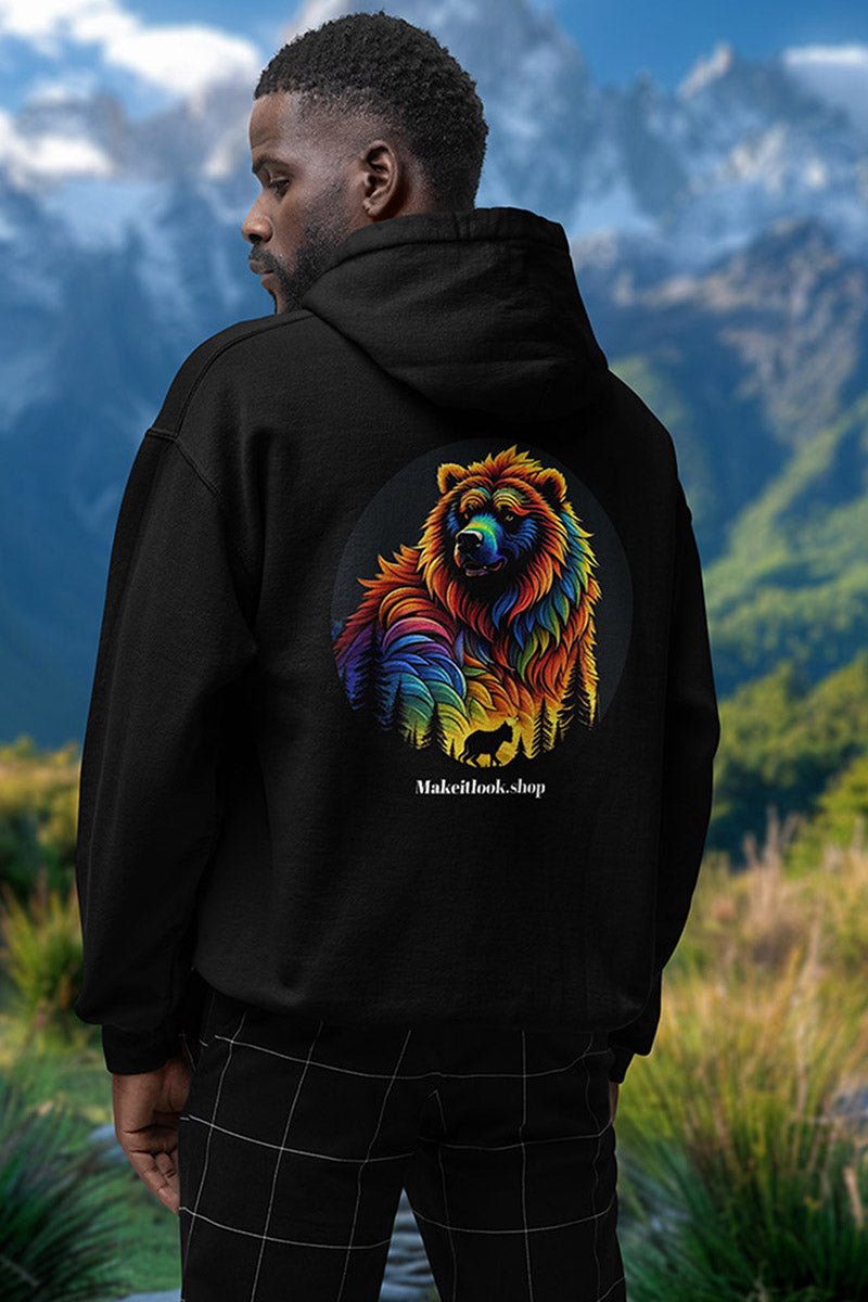 Rainbow bear - Hoodie - MOUNTAIN STYLE - Rainbow bear Hoodie Printify Ausgefallen Bear beschützer Bio Bio - Baumwolle black Bär Clothing Cotton Crew neck dreamworld DTG Ethical Fashion Fashion Gemütlich Grizzly Guardian Hoodies Kapuzenpullover Klassische Passform Make it look Men's Clothing Nachhaltige Mode Power rainbow regenbogen Regular fit Streetwear Tiere Traumwelt Umweltfreundlich Unisex Women's Clothing