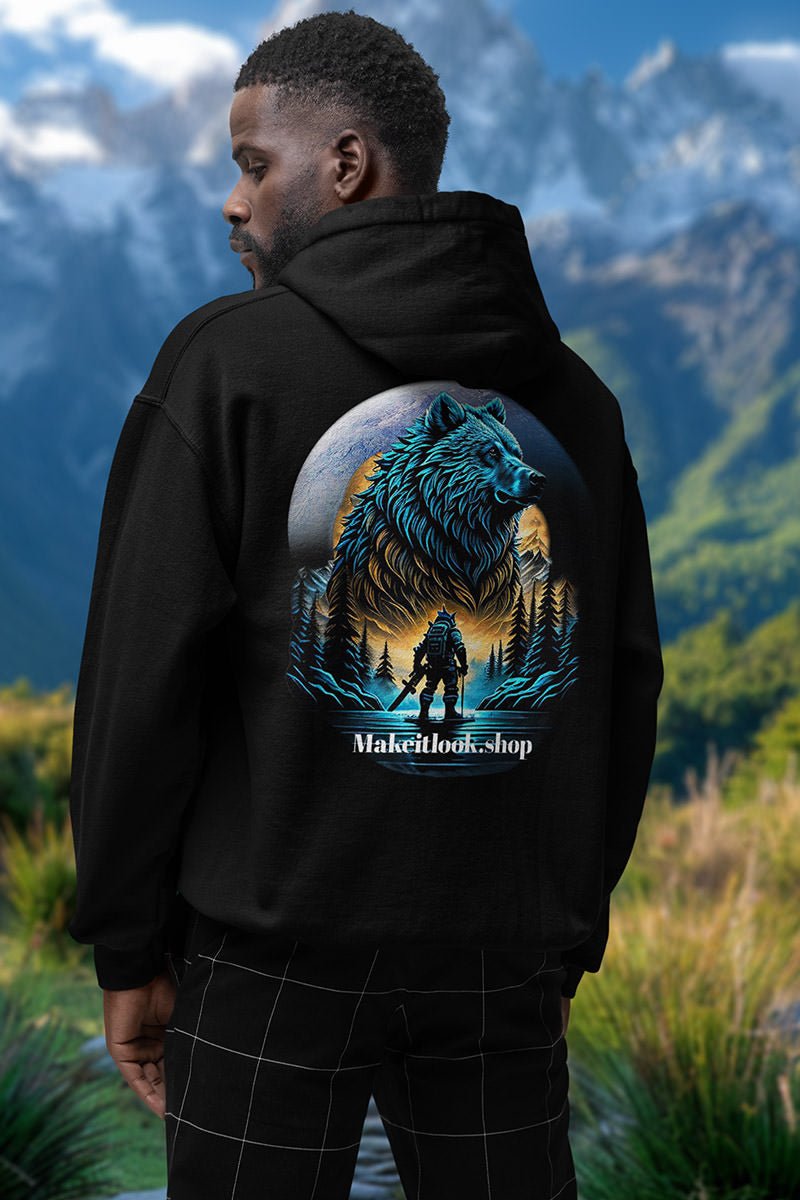 Spirit blue Grizzly - Hoodie - MOUNTAIN STYLE - Spirit blue Grizzly Navy Hoodie MOUNTAIN STYLE Ausgefallen Bear beschützer Bio Bio - Baumwolle black blau blue Bär Clothing Cotton Crew neck dreamworld DTG Ethical Fashion Fashion forest Gemütlich Grizzly Guardian Hoodies Kapuzenpullover Klassische Passform land landscape landschaft luna Make it look Men's Clothing Mensch mond Moon Nachhaltige Mode Power Regular fit schwarz Streetwear Tiere Traumwelt Umweltfreundlich Unisex Wald Wanderer Welt Women