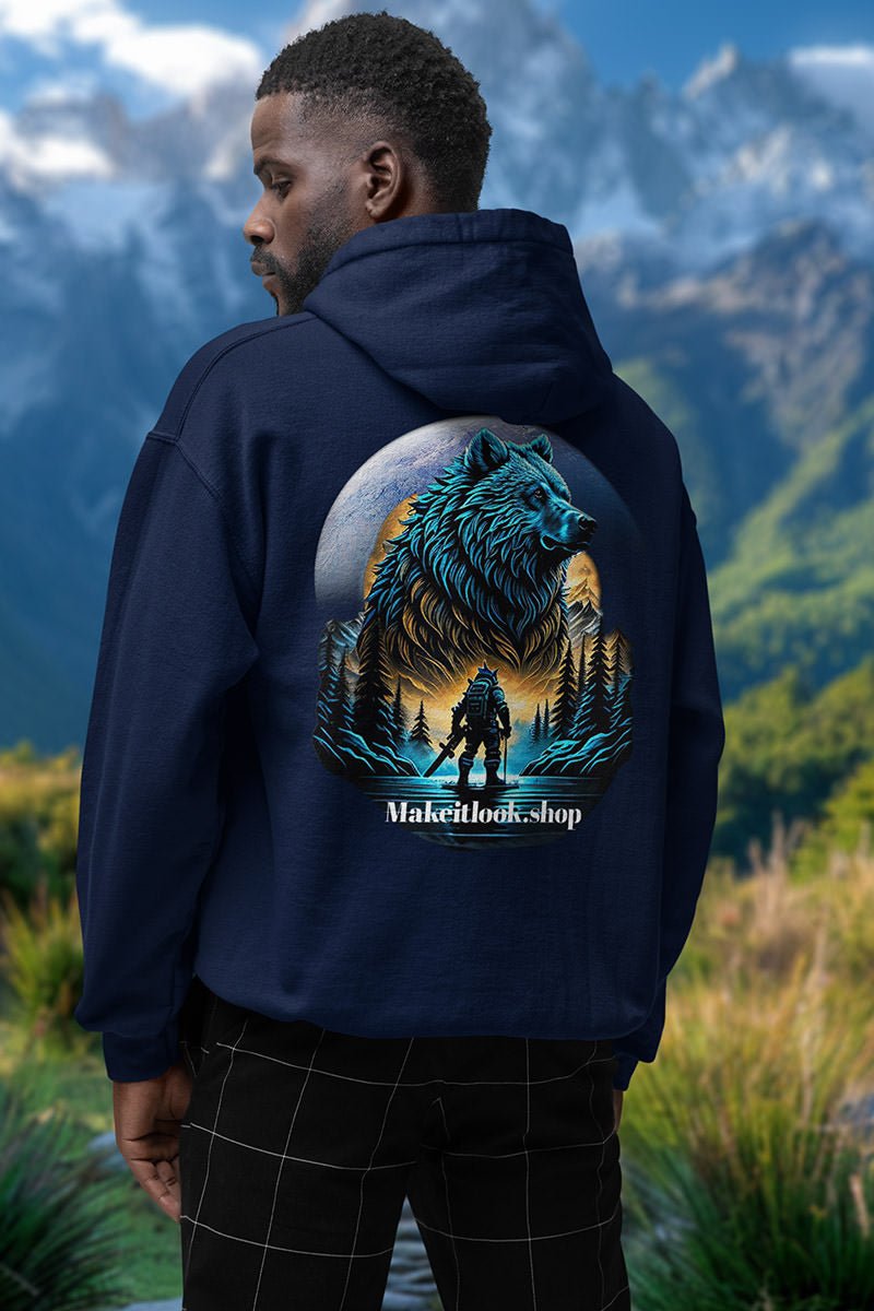 Spirit blue Grizzly - Hoodie - MOUNTAIN STYLE - Spirit blue Grizzly Hoodie MOUNTAIN STYLE Ausgefallen Bear beschützer Bio Bio - Baumwolle black blau blue Bär Clothing Cotton Crew neck dreamworld DTG Ethical Fashion Fashion forest Gemütlich Grizzly Guardian Hoodies Kapuzenpullover Klassische Passform land landscape landschaft luna Make it look Men's Clothing Mensch mond Moon Nachhaltige Mode Power Regular fit schwarz Streetwear Tiere Traumwelt Umweltfreundlich Unisex Wald Wanderer Welt Women's Cl