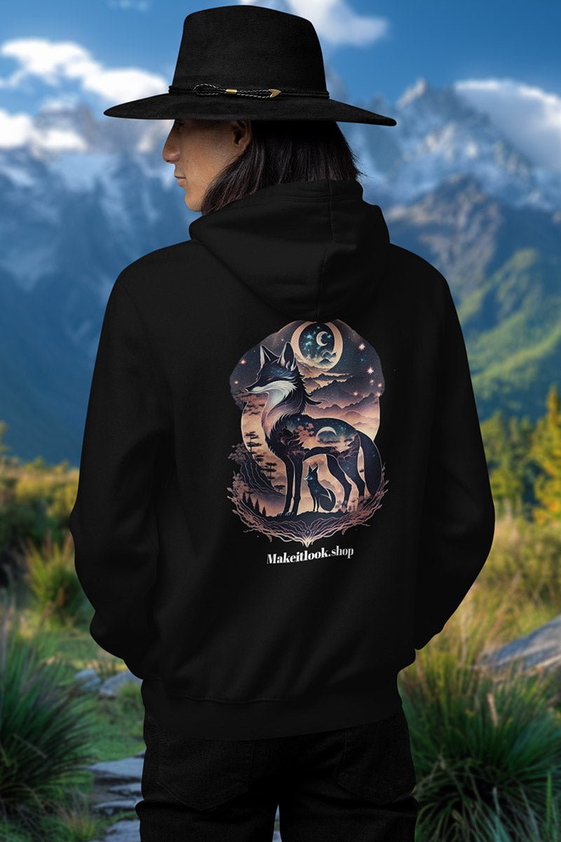 Schwarzer Unisex-Hoodie „Stellar Nebula Foxes“ mit zwei Füchsen vor Sternennebel und Sichelmond, Bild 2