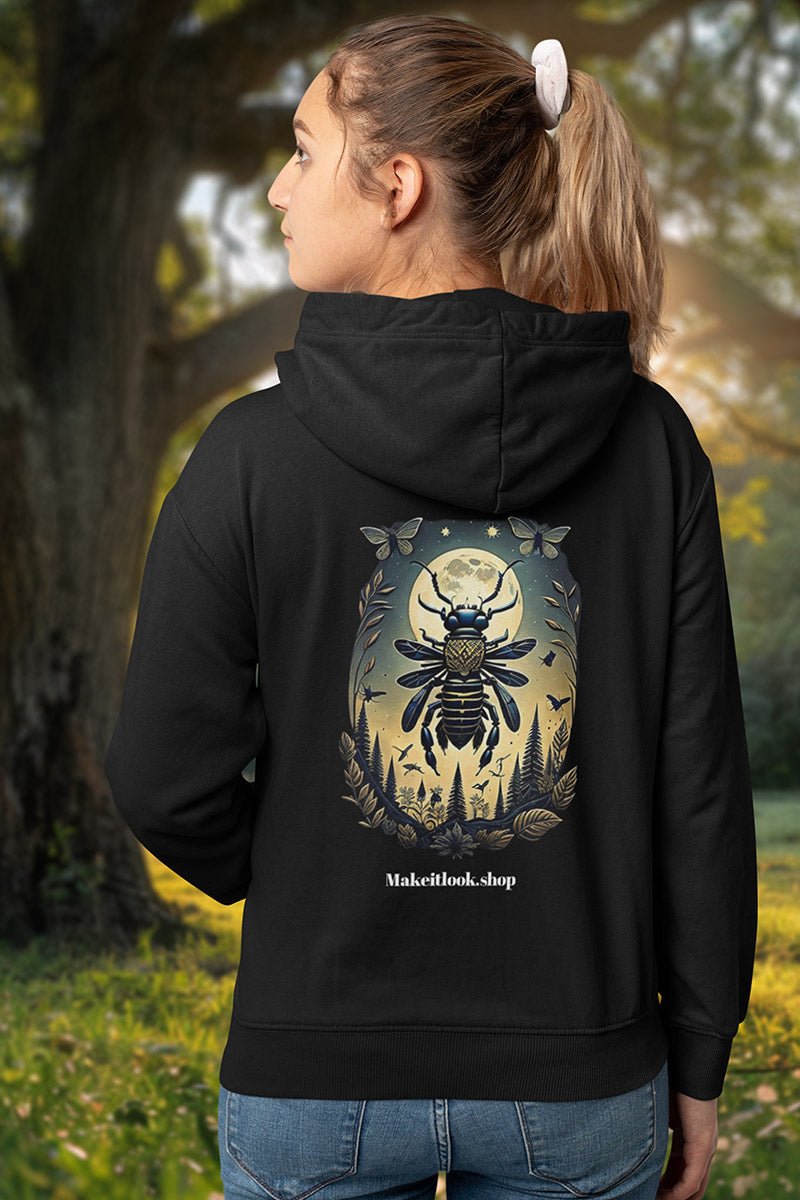 Hoodie „Stellar Stinger“: ein stilisiertes Insekt vor einem Vollmond mit Schmetterlingen, Ansicht 2