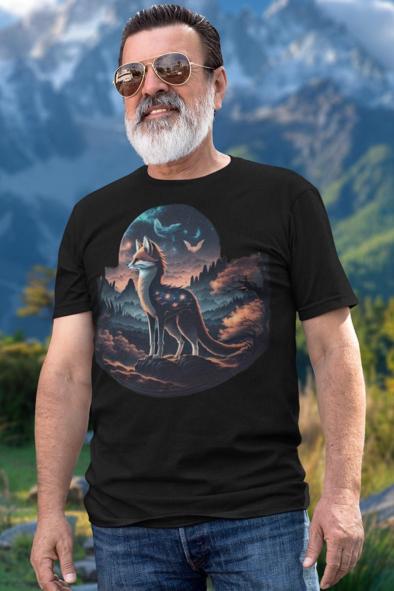 Älterer Mann mit weißem Bart trägt das Unisex T-Shirt „Stellar Summit Sentinel“ mit Sternenfuchs vor Bergen