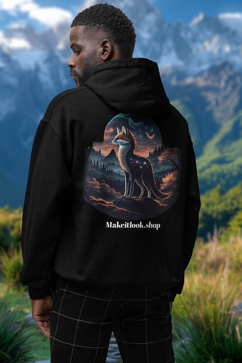 Schwarzer Unisex-Hoodie „Stellar Summit Sentinel“ mit einem Fuchs auf einem Felsvorsprung unter Sternenhimmel, Bild 3
