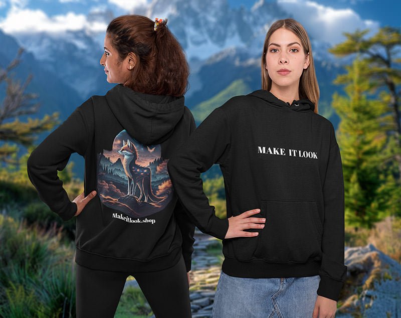 Schwarzer Unisex-Hoodie „Stellar Summit Sentinel“ mit einem Fuchs auf einem Felsvorsprung unter Sternenhimmel, Bild 4