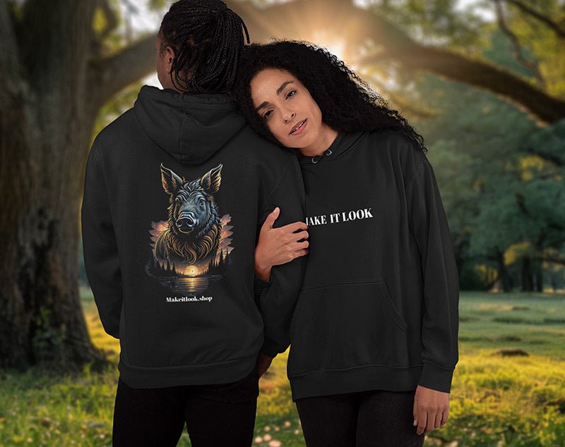 Hoodie „Sunrise Swine Serenity“: ein Wildschweinkopf vor Sonnenaufgang, Nadelbäumen und See, Ansicht 4