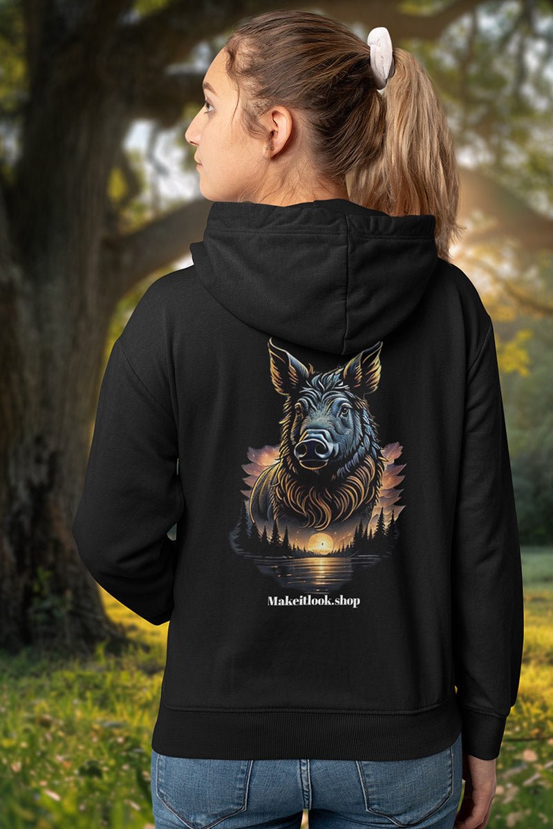 Hoodie „Sunrise Swine Serenity“: ein Wildschweinkopf vor Sonnenaufgang, Nadelbäumen und See, Ansicht 3