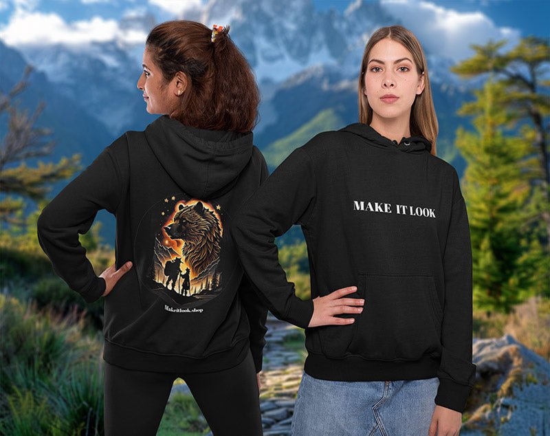 Walking dream bear - Hoodie - MOUNTAIN STYLE - Walking dream bear Hoodie Printify Ausgefallen Bear beschützer Bio Bio - Baumwolle black Bär clan Clothing Cotton Crew neck dreamworld DTG Ethical Fashion Fashion Feuer Fire forest Gemütlich Grizzly Guardian himmel Hoodies Kapuzenpullover Klassische Passform land landscape landschaft luna Make it look Men's Clothing Mensch mond Moon Nachhaltige Mode Power Regular fit schwarz squad star Sterne Streetwear Tiere Traumwelt Umweltfreundlich Unisex Wald W