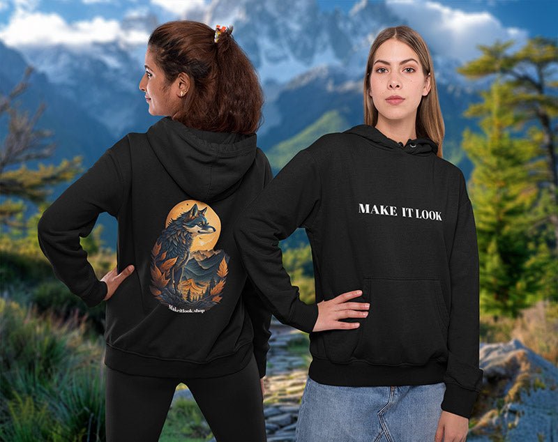 Schwarzer Unisex-Hoodie „Wolfen Sunscape“ mit einem Wolf vor stilisierter Sonne und Bergen, Bild 4